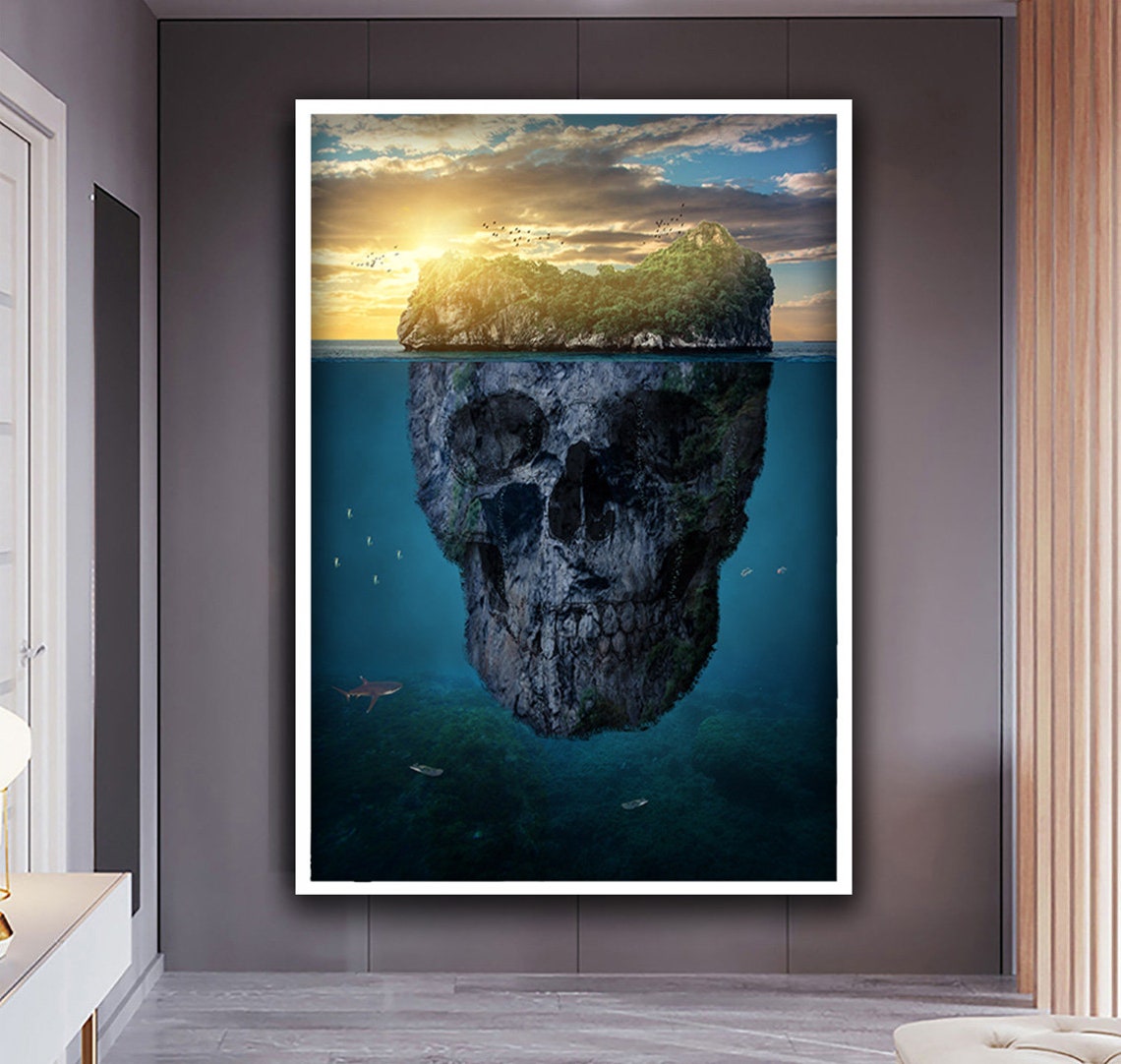 Skull Island Tropical Sunset Ocean Optical Illusion Wall Art - Image 2