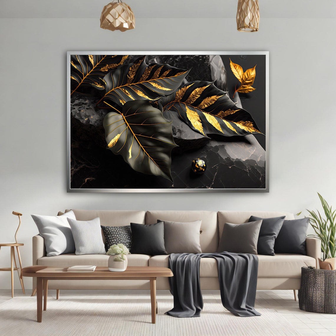 Black Gold Veined Leaves Marble Luxe Modern Botanical Poster - Image 3