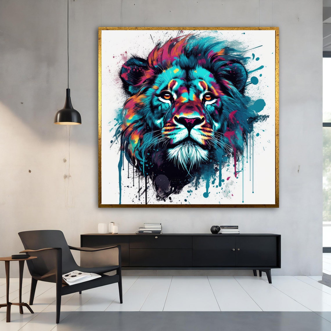 Colorful Lion Splash Art Teal Pink White Background Animal Poster - Image 3