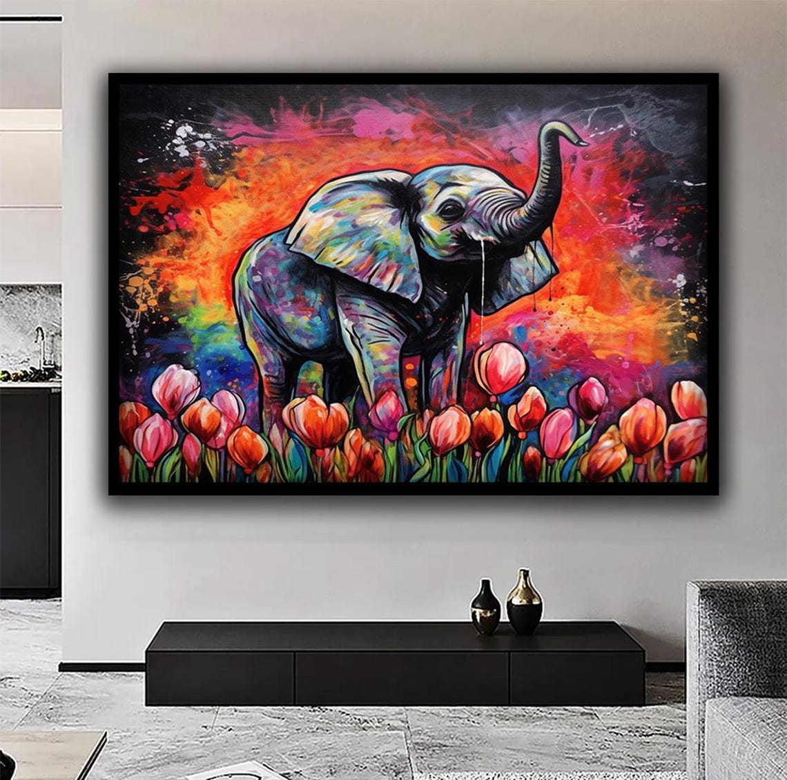 Baby Elephant Among Pink Tulips with Colorful Paint Splashes Poster - Image 3