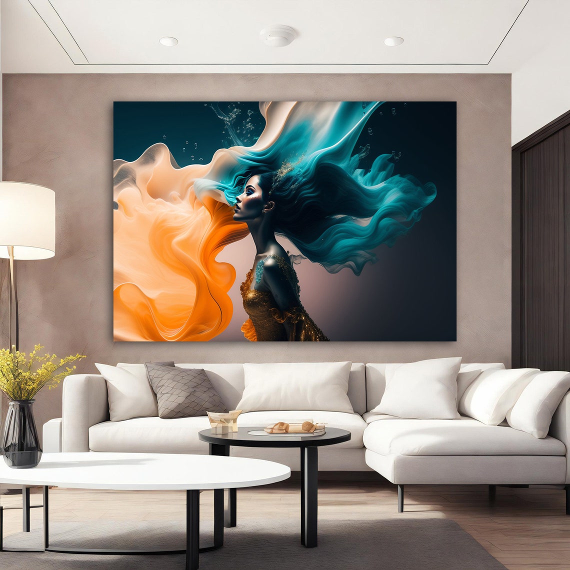 Abstract Woman Painting Orange And Blue Woman Wall Art Artistic Woman Portrait Print Girl Painting Modern Home Decor - Image 2