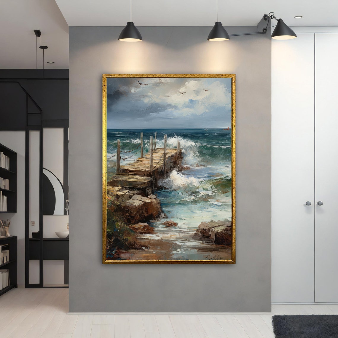 Rocky Ocean Pier Crashing Waves Oil Painting Seascape Wall Art - Image 5
