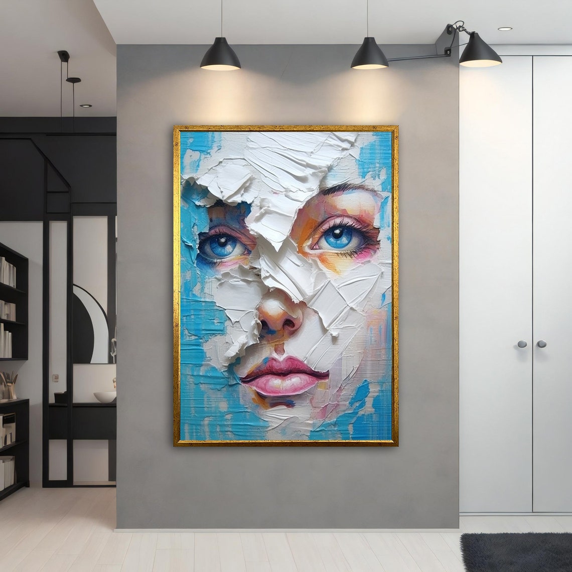 Blue and White Cracked Plaster Woman Face Modern Abstract Art Poster - Image 4