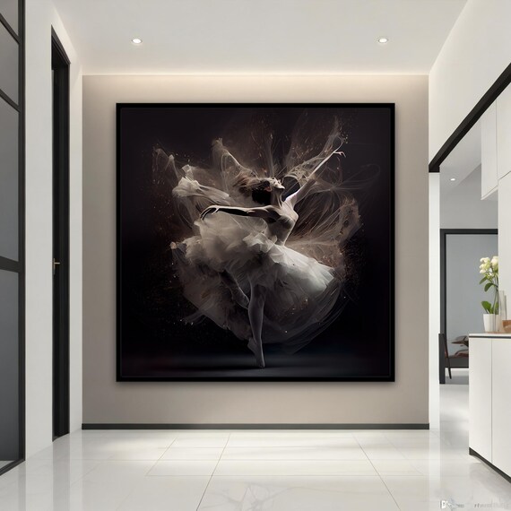 Ballerina Dancer Mid Leap White Tutu Black Background Dramatic Dance Poster