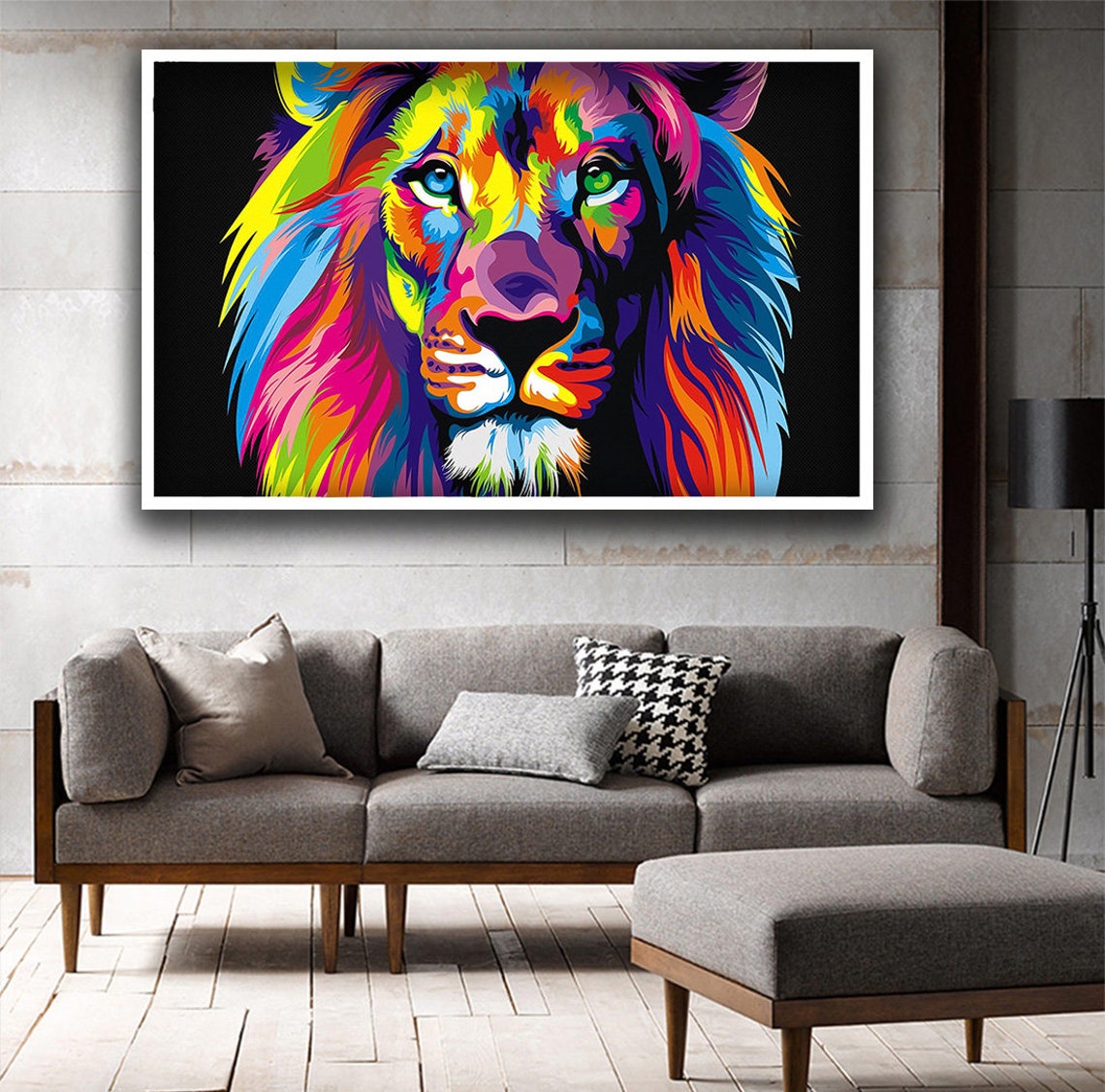 Rainbow Pop Art Lion Head Colorful Mane Bold Black Canvas Poster - Image 3