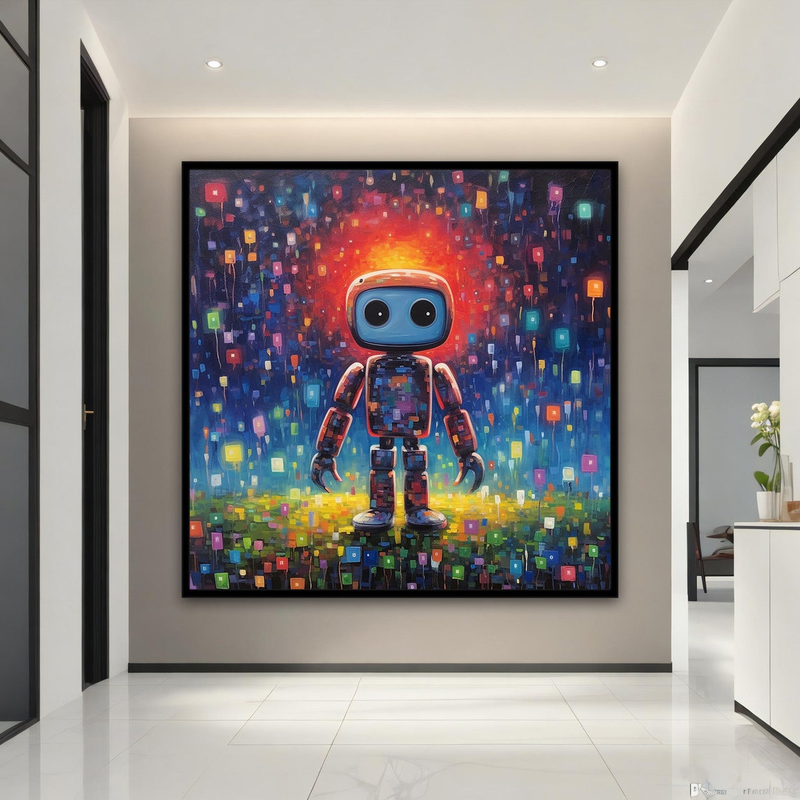 Cute Little Robot Colorful Rain Night Lights Whimsical Art Poster
