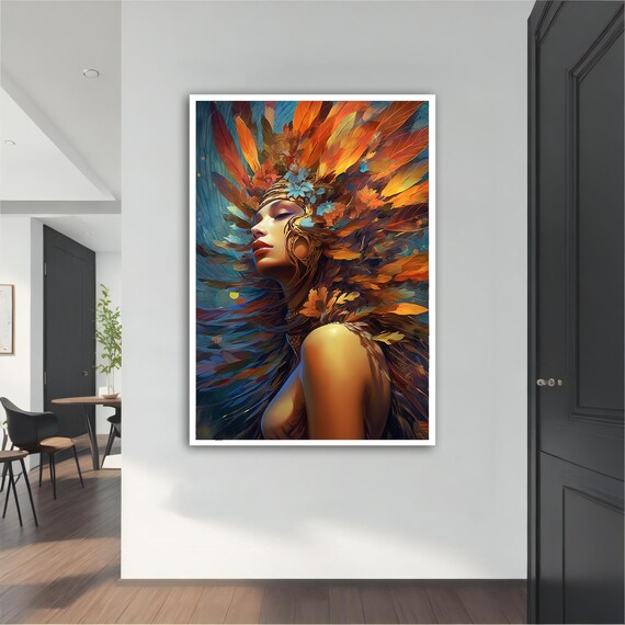 Colorful Woman with Fiery Feather Headdress Tribal Beauty Art Poster