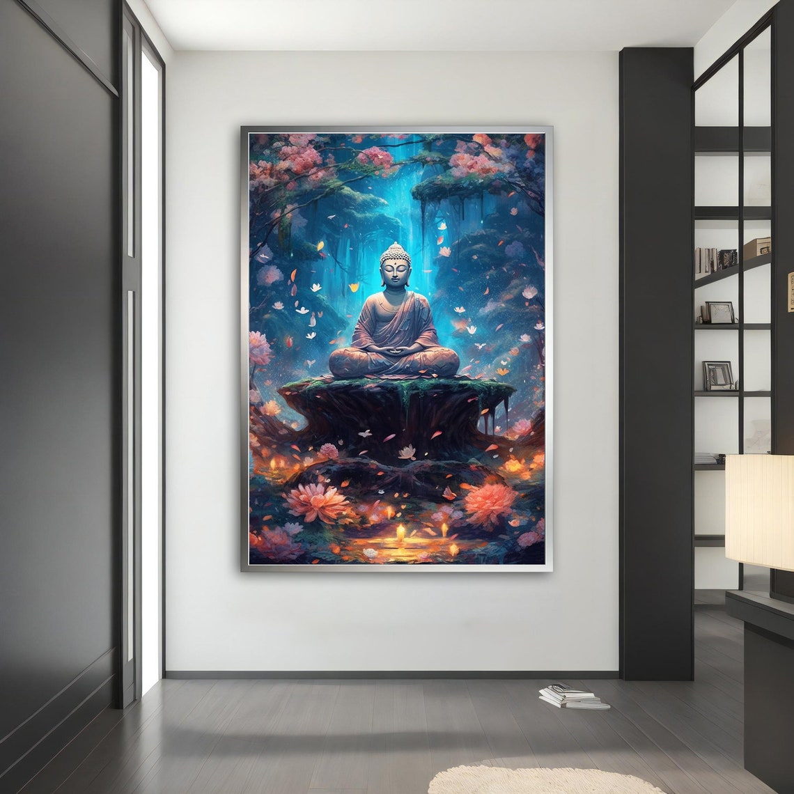White Buddha Forest Waterfall Blossoms Mystical Asian Art Poster - Image 5