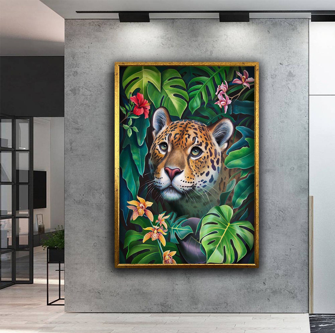 Jaguar in Tropical Leaves Orchids Lush Jungle Animal Art Poster - Image 2