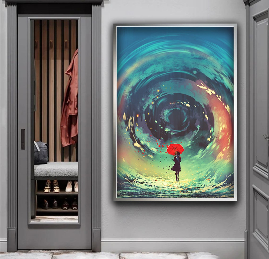 Girl With Red Umbrella Art Fantasy Sky And Girl Wall Art Anime Girl Print Surreal Woman Painting Surreal Wall Decor - Image 4