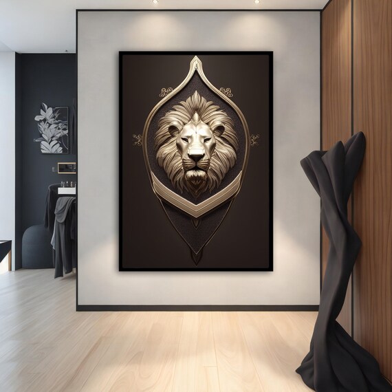 Silver Lion Head Shield Crest Emblem Luxury Metallic Animal Art Wall Poster