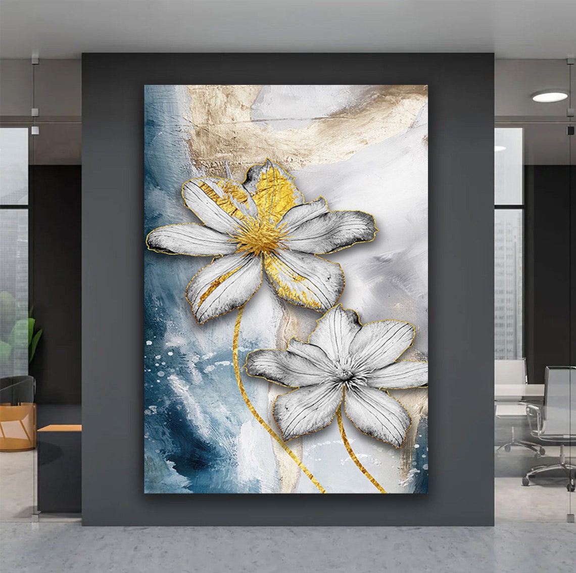 White Gold Flowers Blue Abstract Blooming Floral Wall Art Poster