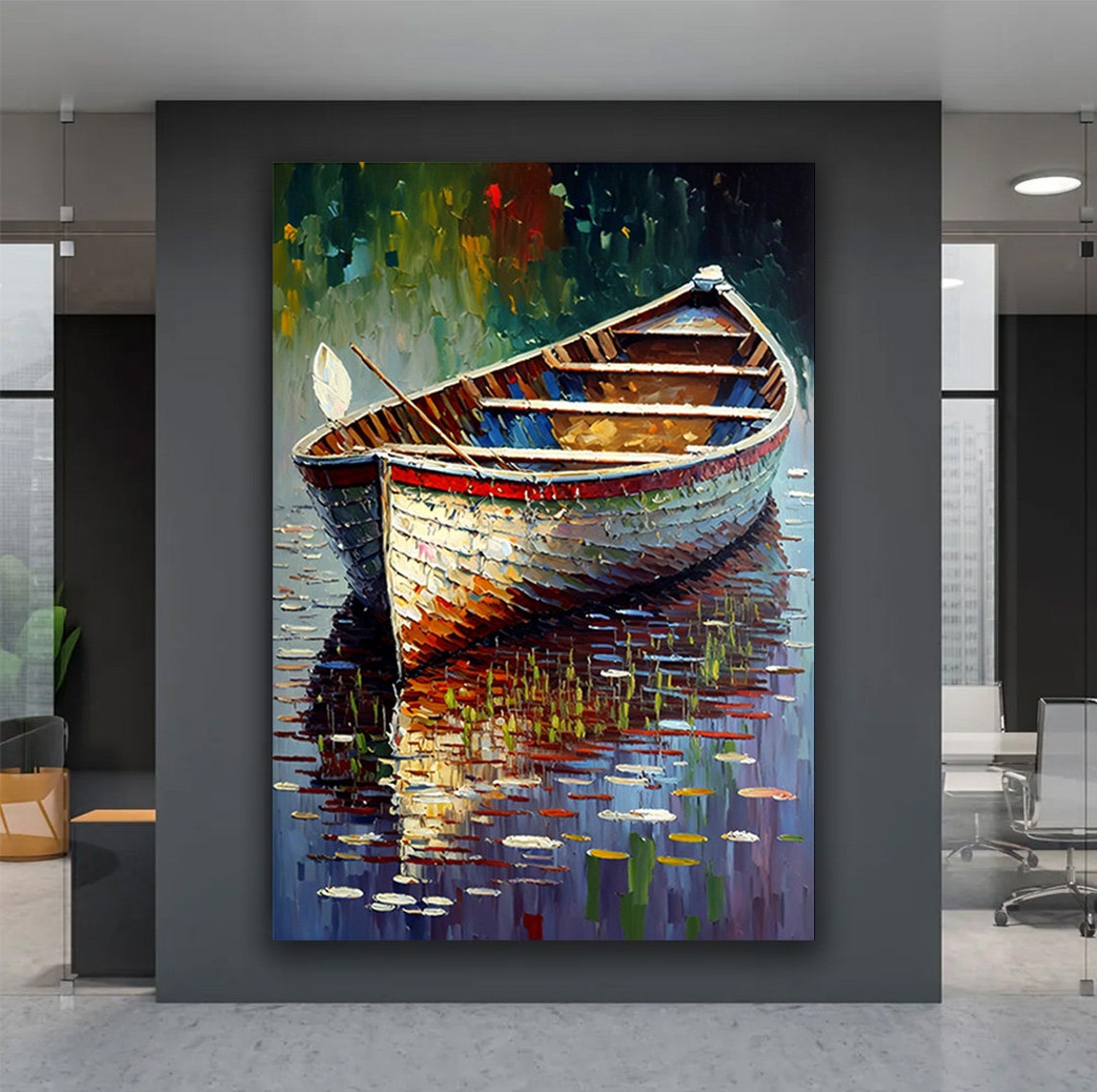 Wooden Rowboat On Calm Lake Impasto Oil Painting Reflection Poster - Image 2