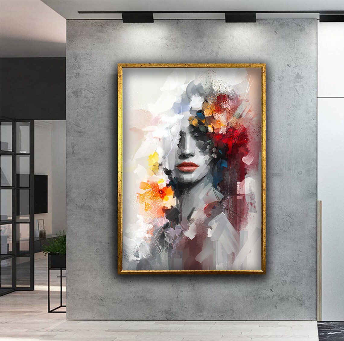 Abstract Woman Portrait in Soft Grey with Red and Orange Brushstrokes Poster - Image 4