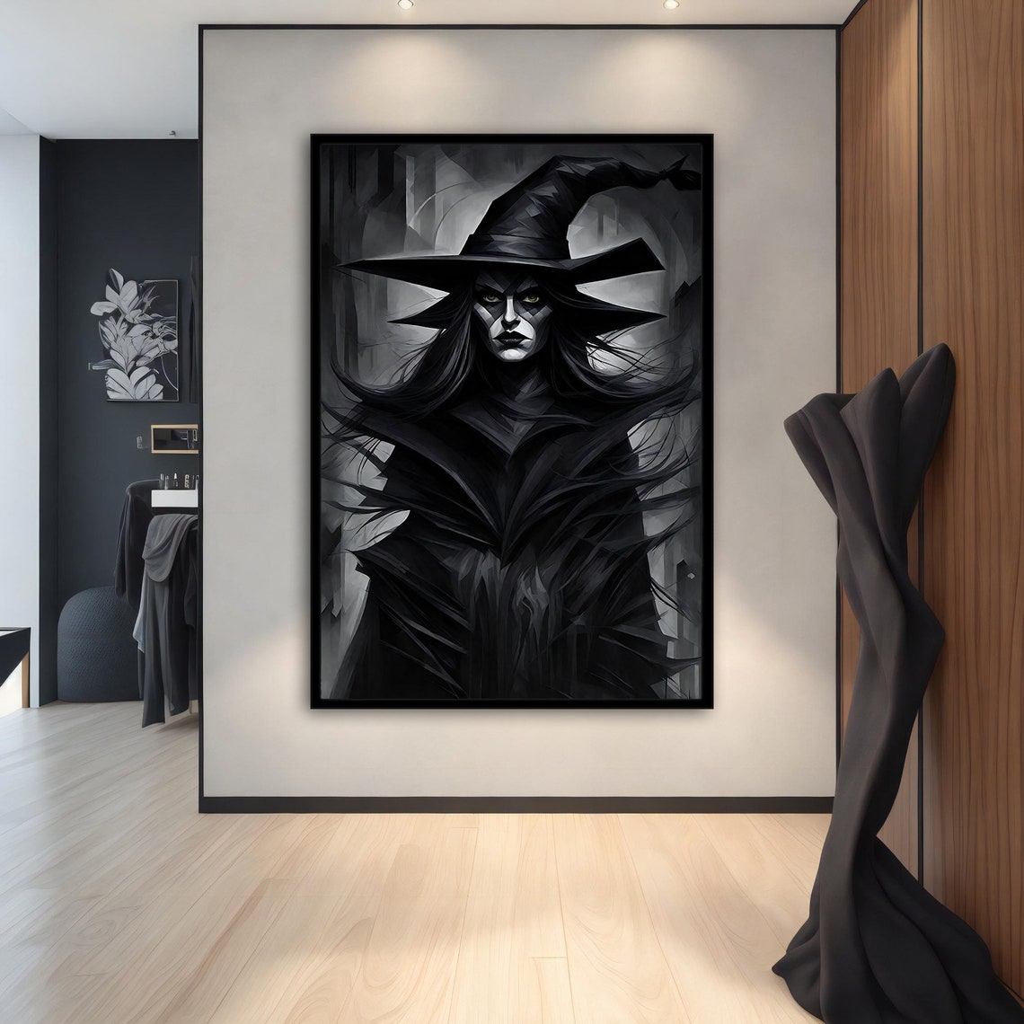 Gothic Witch Portrait Dark Forest Black Hat Halloween Wall Art - Image 2
