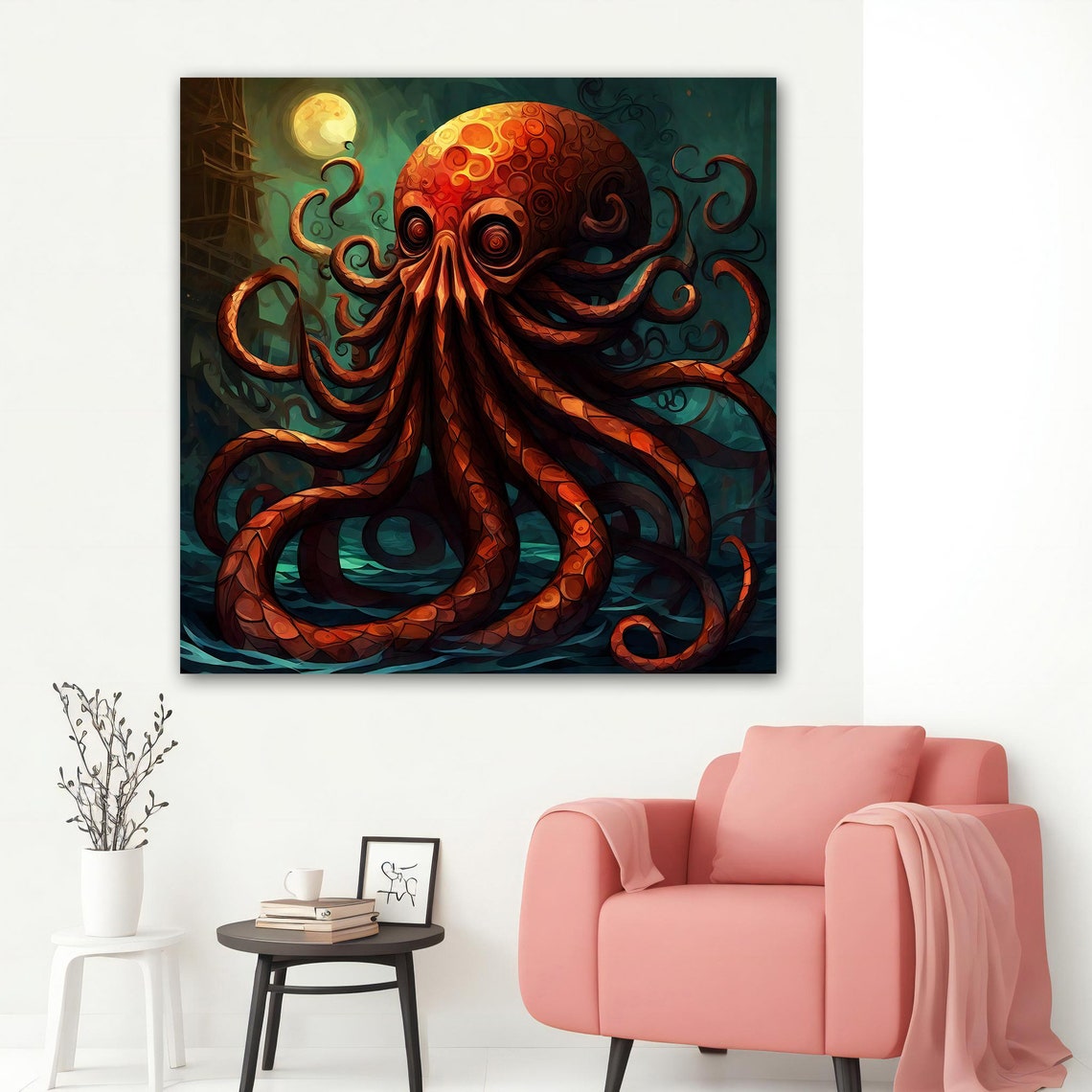 Red Octopus Full Moon Night Sea Kraken Tentacle Animal Art Poster - Image 5