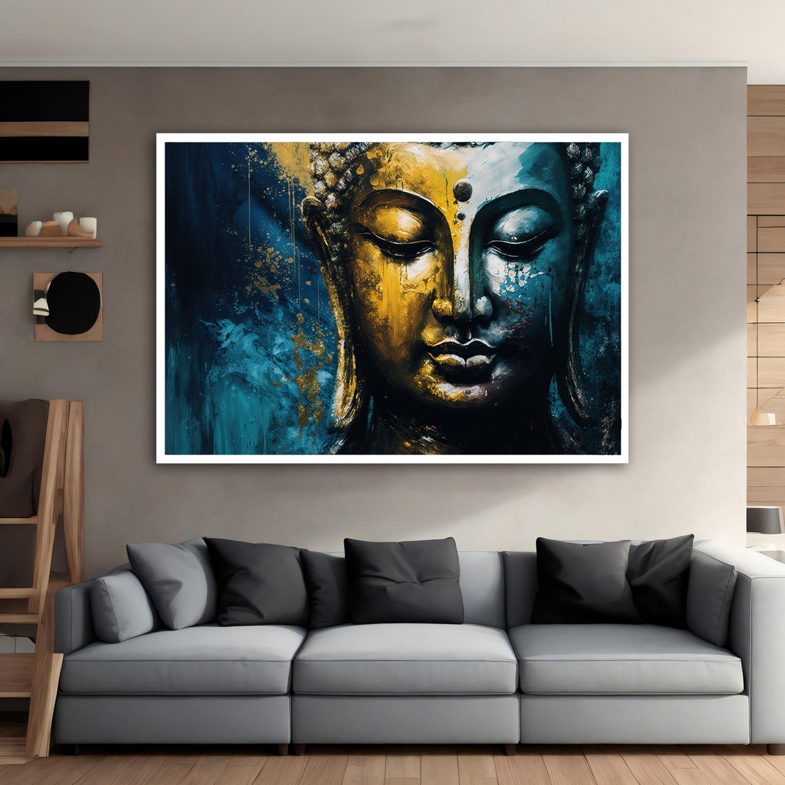 Serene Buddha Face Gold Blue Abstract Calm Meditation Poster