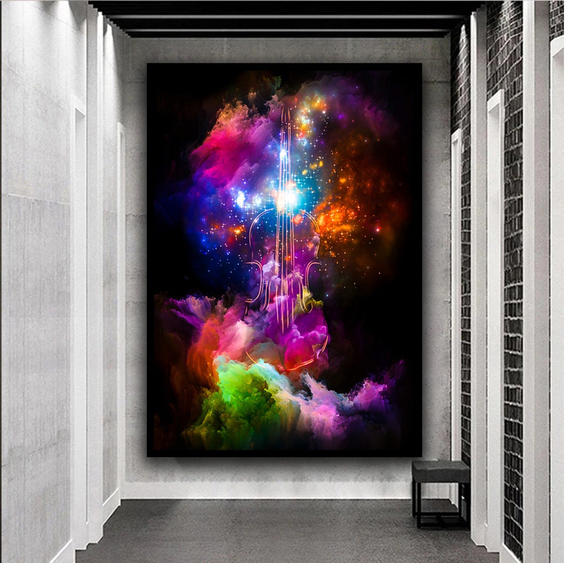 Neon Violin Cosmic Nebula Music Colorful Abstract Art Poster - Image 5