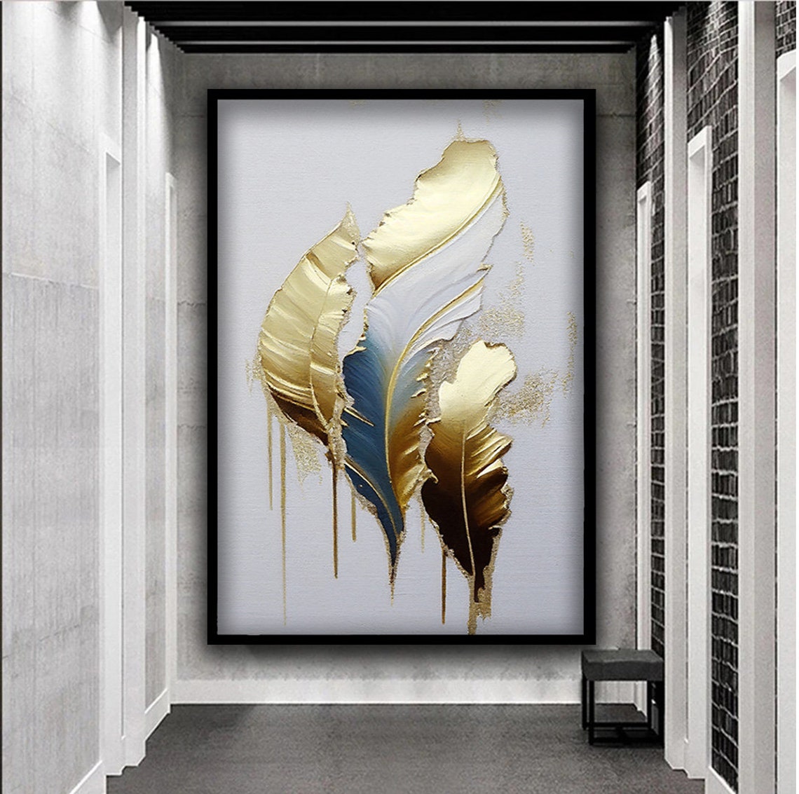 Gold White Blue Abstract Feather Painting Elegant Drip Wall Art - Image 5
