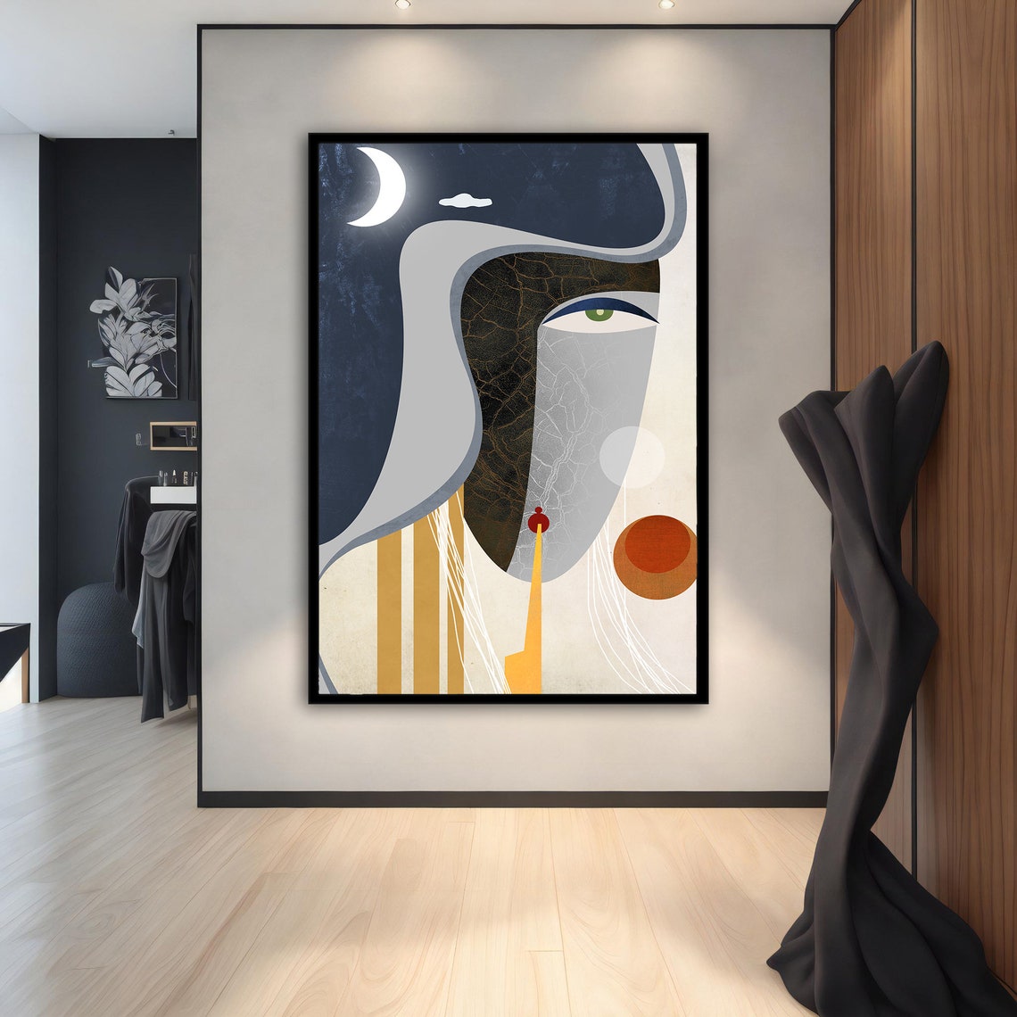 Surreal Moon Face Green Eye Abstract Navy Cream Wall Art Print - Image 2