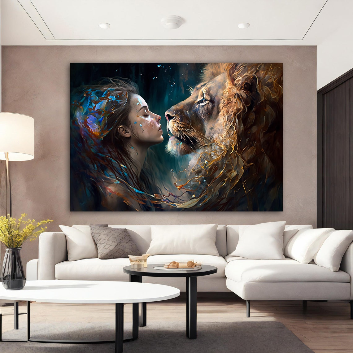 Lion And Girl Painting Love Of Woman And Lion Lion Painting Lion Couple Print Art Woman Wall Art Modern Home Decor