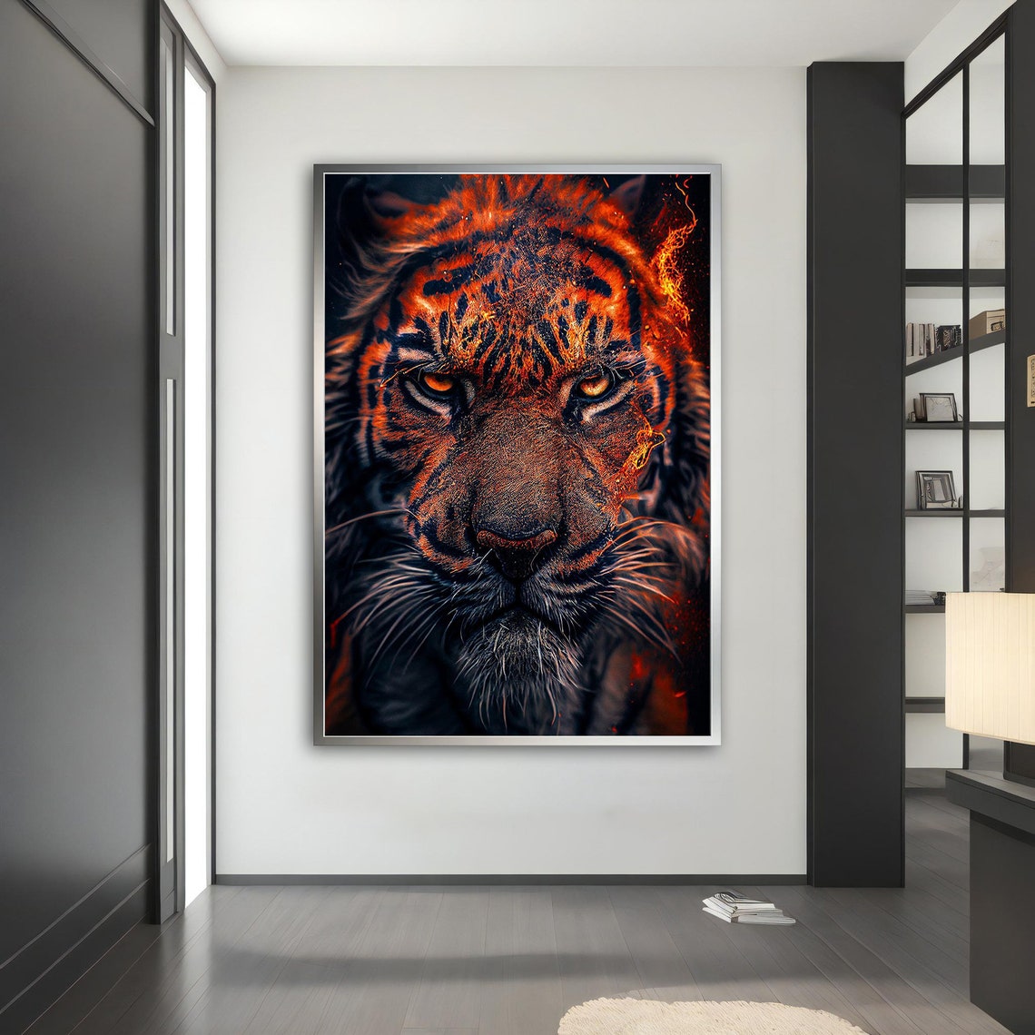 Fiery Tiger Face Close Up with Blazing Orange Eyes Dark Art Poster