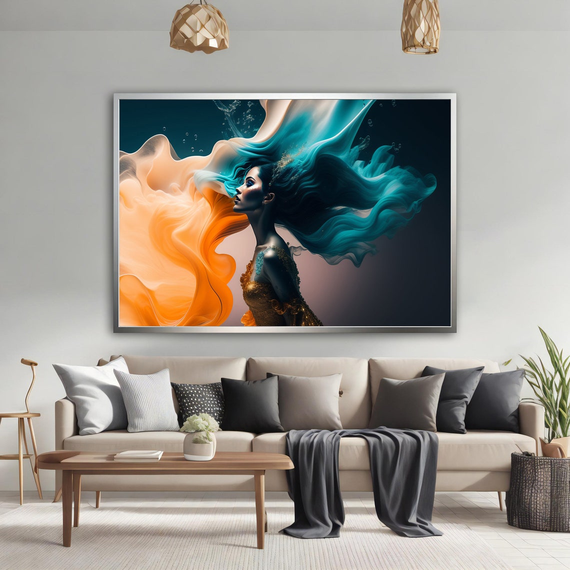 Abstract Woman Painting Orange And Blue Woman Wall Art Artistic Woman Portrait Print Girl Painting Modern Home Decor - Image 3