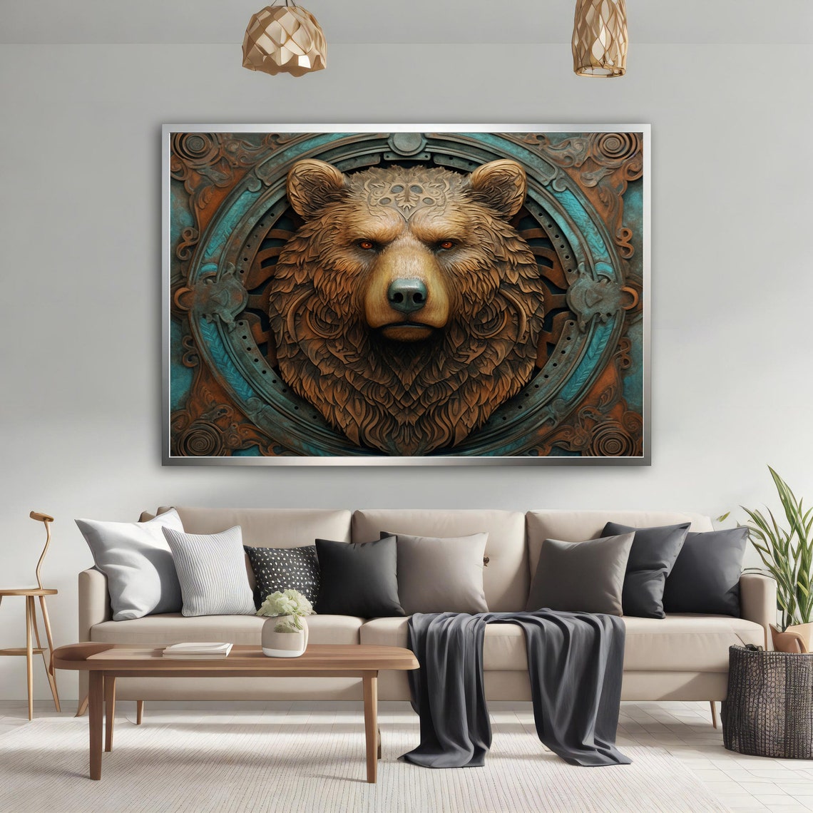 Steampunk Bear Head Medallion Copper Teal Ornate Wildlife Art Poster - Image 4