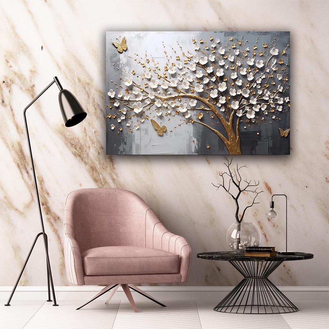 White and Gold Flower Tree 3D Butterflies Gray Floral Wall Art - Image 5