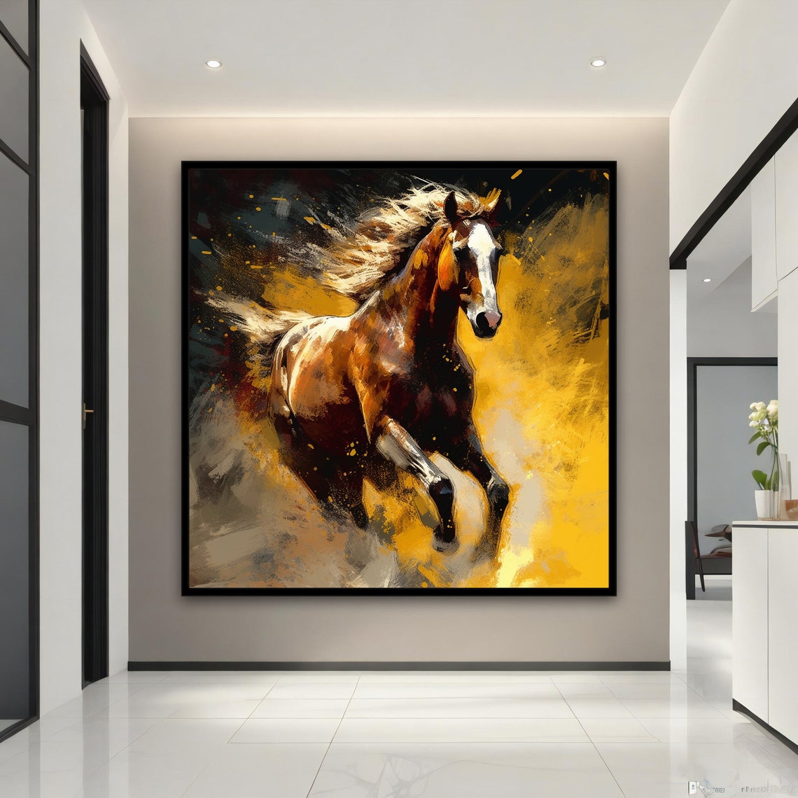 Galloping Brown Horse Golden Splash Dynamic Equestrian Art Poster