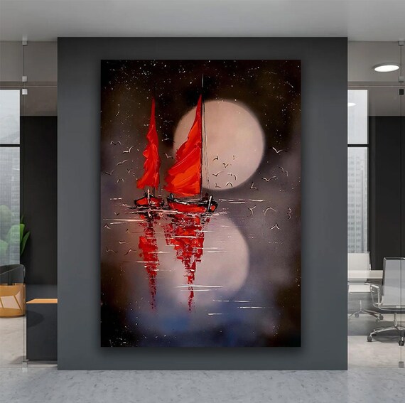 Red Sailboats Full Moon Night Sea Abstract Seascape Art Poster