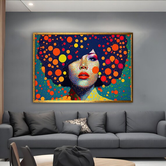 Vibrant Pop Art Woman Portrait with Colorful Dotted Afro Red Lips Poster