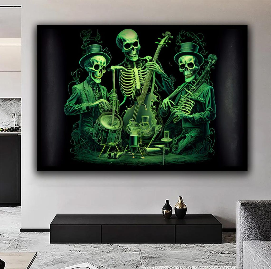 Three Green Skeletons Playing Jazz Instruments Spooky Night Poster - Image 3