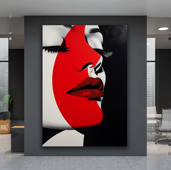 Red Black White Woman Face Pop Art Bold Graphic Portrait Wall Art Poster