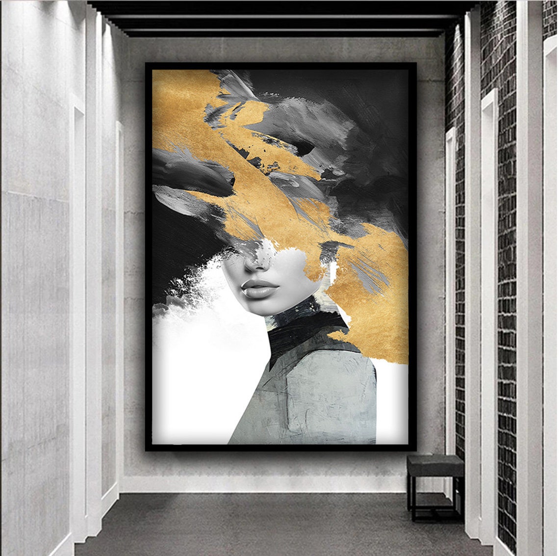 Abstract Woman Portrait in Black Gold and White Bold Brushwork Poster - Image 4