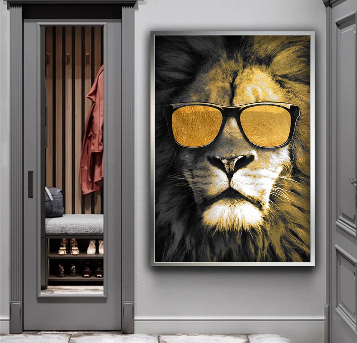 Cool Lion Wearing Gold Sunglasses Black Gold Duotone Funny Animal Poster - Image 4