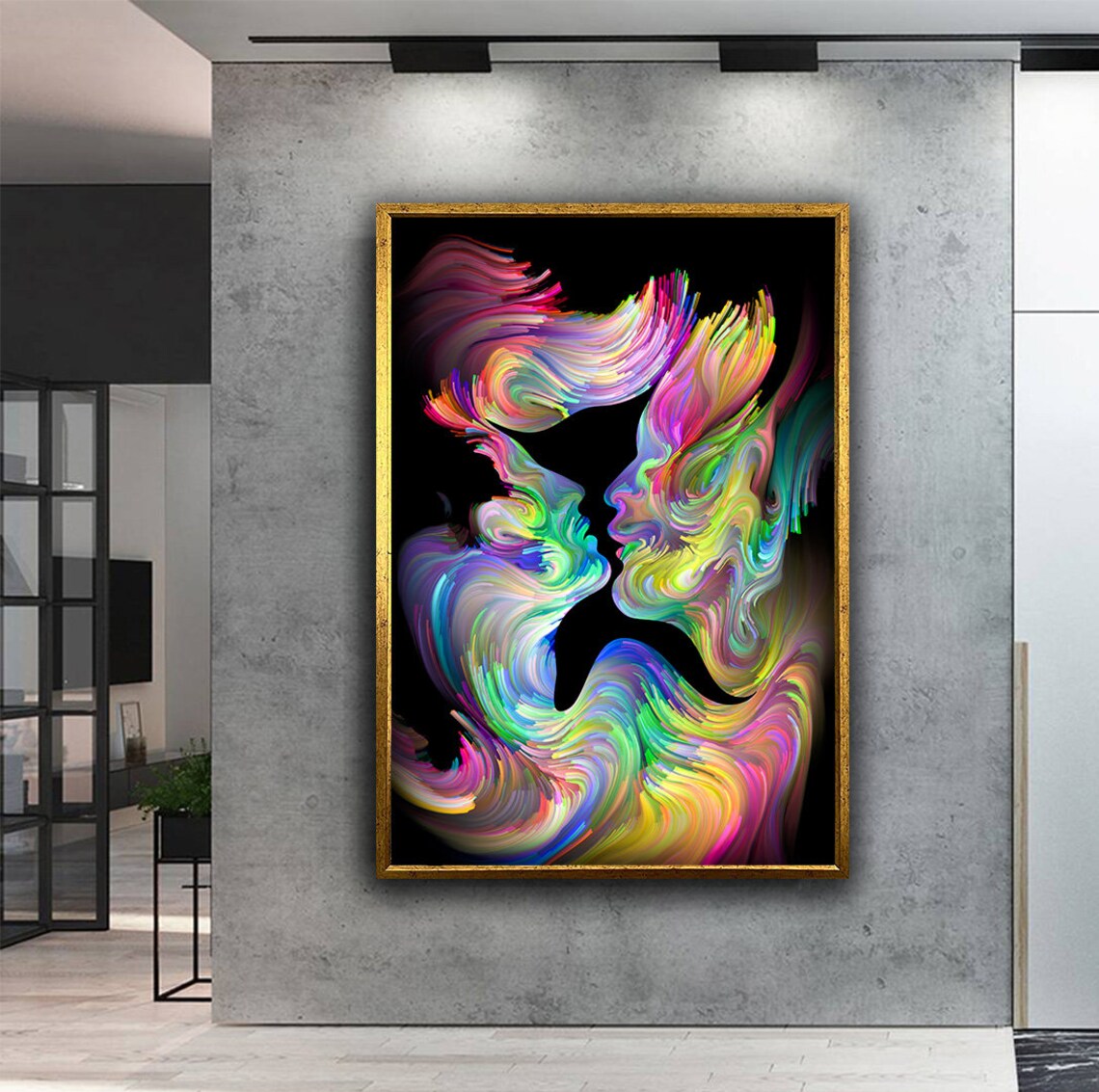 Abstract Kissing Couple Colorful Smoke Faces Black Background Love Poster - Image 2