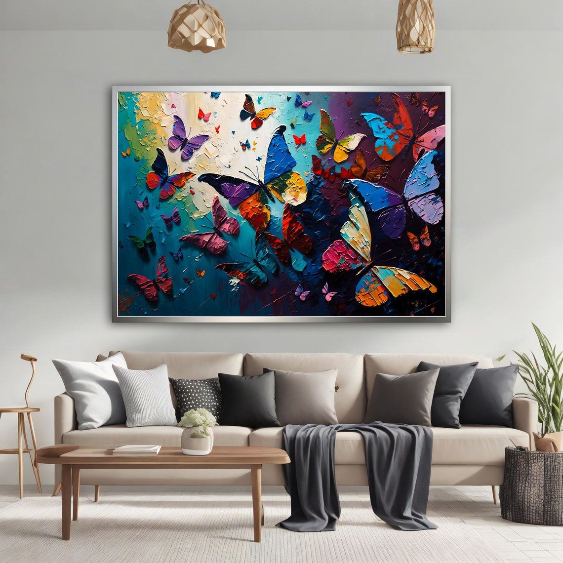 Colorful Butterflies Impasto Teal Background Nature Insect Poster - Image 3