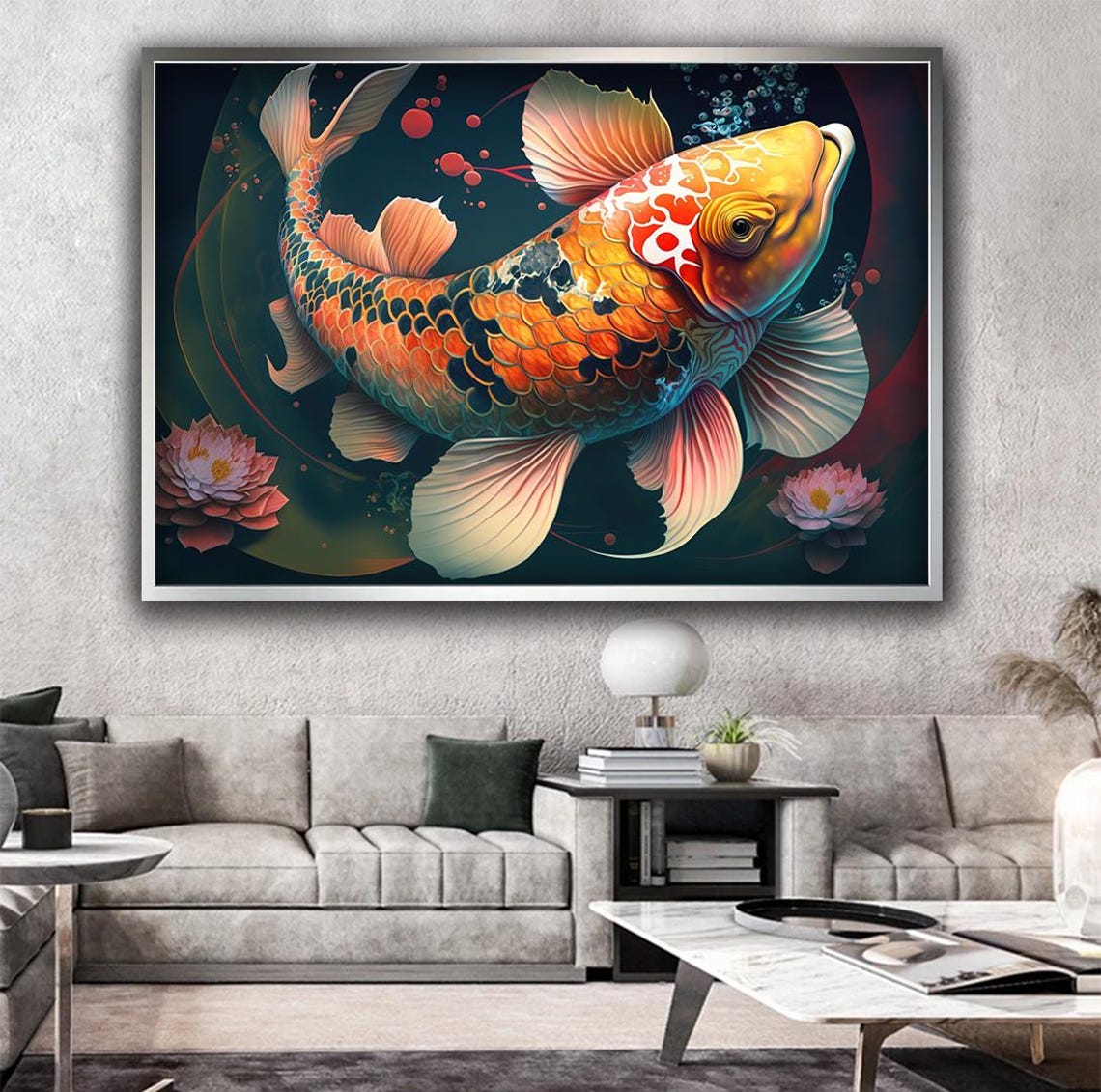 Vibrant Orange Koi Fish Swimming with Pink Lotus Flowers Art Poster - Image 3