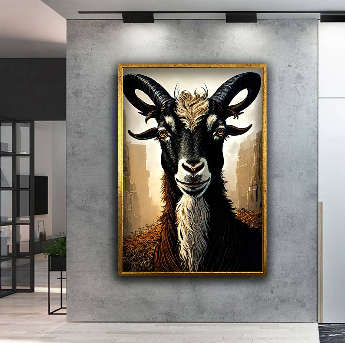 Black Goat Portrait with Curved Horns Golden Beard Farm Animal Poster