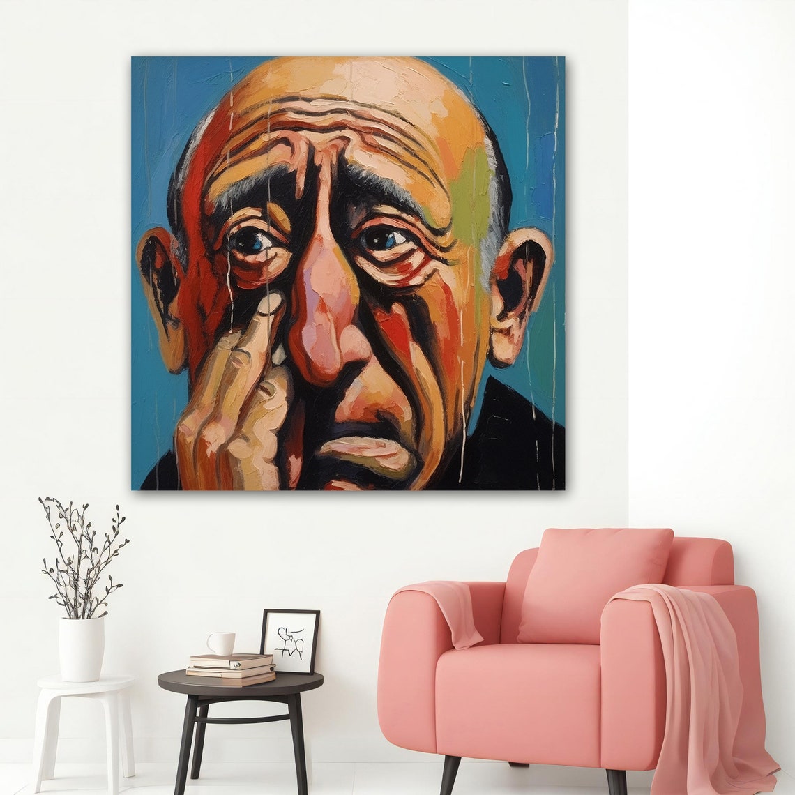 Unhappy Old Man Blue Eyes Expressive Colorful Portrait Art Poster - Image 2