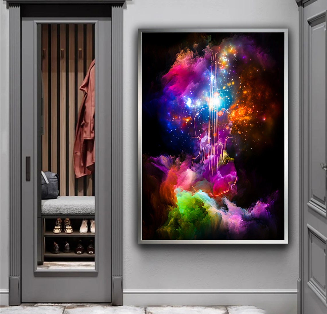 Neon Violin Cosmic Nebula Music Colorful Abstract Art Poster - Image 3