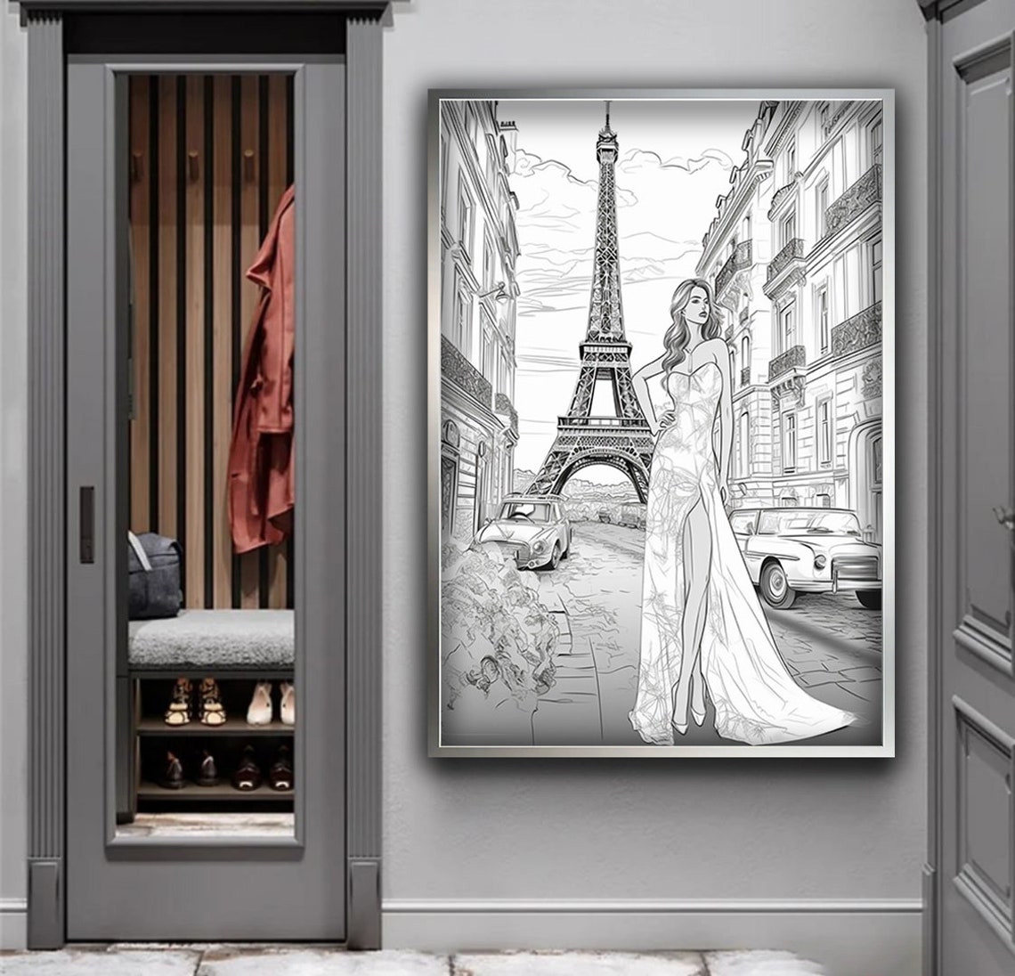 Eiffel Tower Paris Woman Sketch Black White Street Art Poster - Image 4