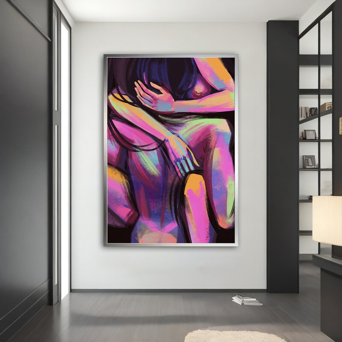 Neon Embrace Couple Vivid Pink Purple Blue Passionate Modern Art Poster - Image 3