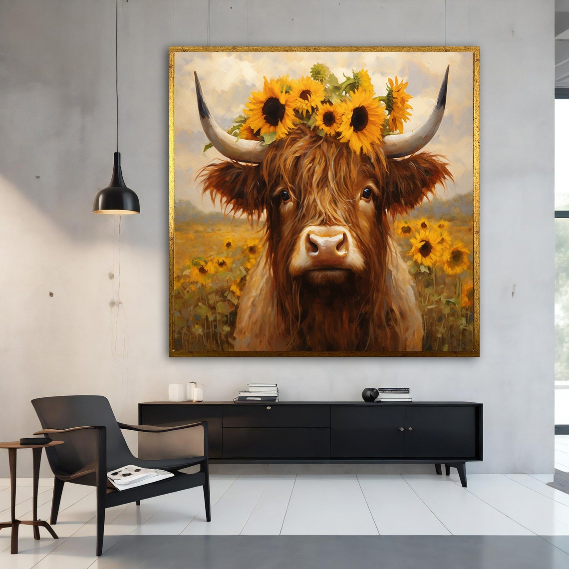 Highland Cow Sunflower Crown Field Rustic Farm Animal Art Poster - Image 2