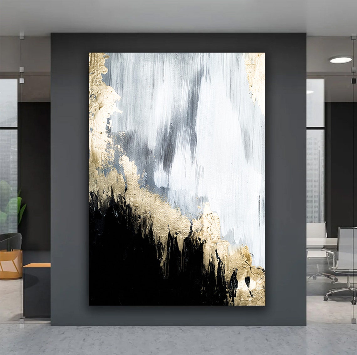 Black Gold and White Abstract Brushstroke Contemporary Art Print