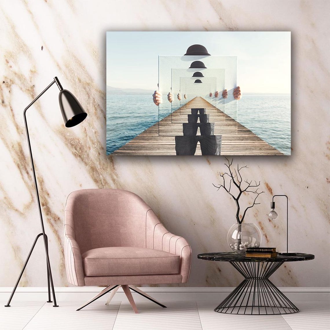 Surreal Man Holding Mirror Optical Illusion Lake Pier Wall Art - Image 5