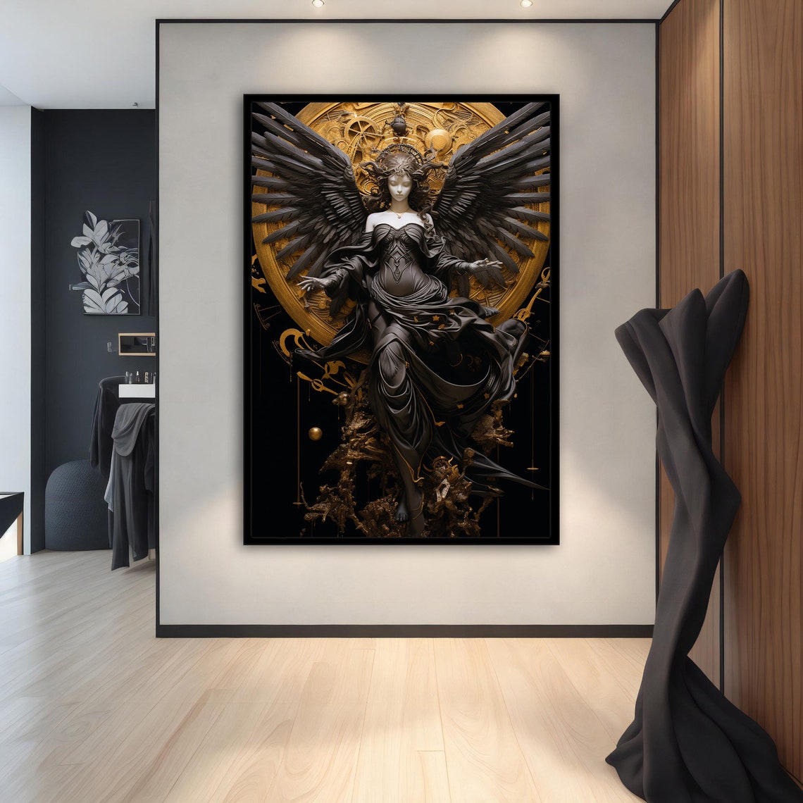 Black Angel with Golden Halo Wings Gothic Fantasy Art Poster - Image 3