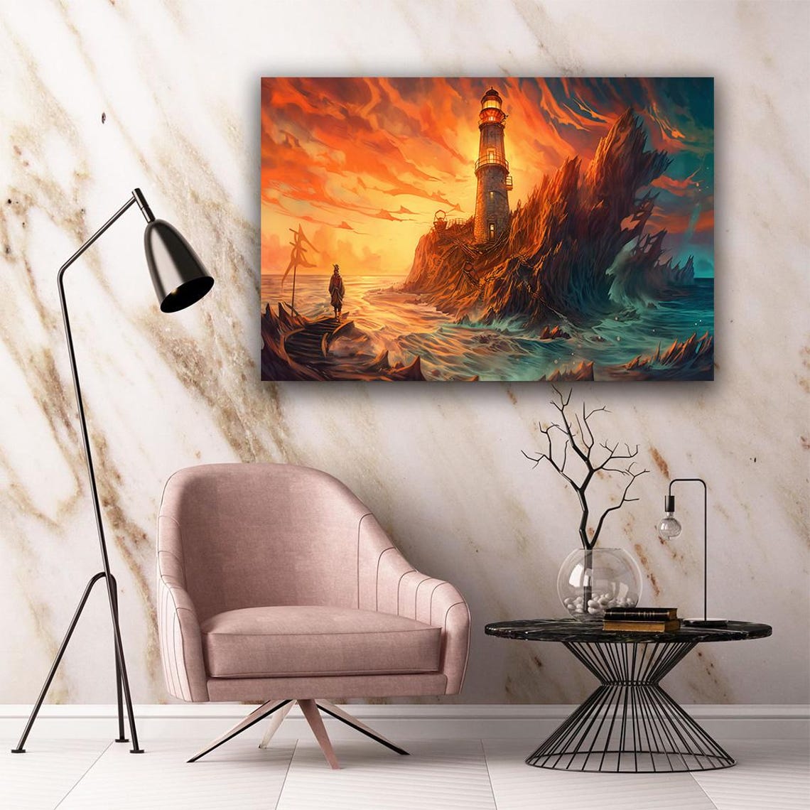 Lighthouse on Rocky Island at Fiery Orange Sunset Coastal Art Poster - Image 5