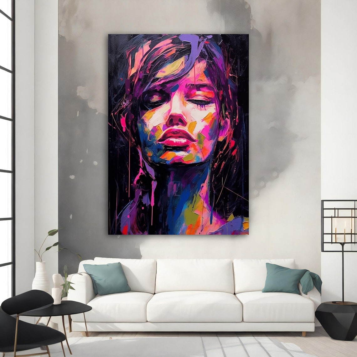 Colorful Neon Woman Portrait Abstract Paint Splash Art Poster - Image 4